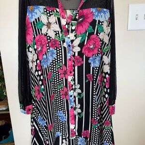 Joseph Ribkoff Floral and Stripe Long Sleeve Dress - Pink, Blue, Black